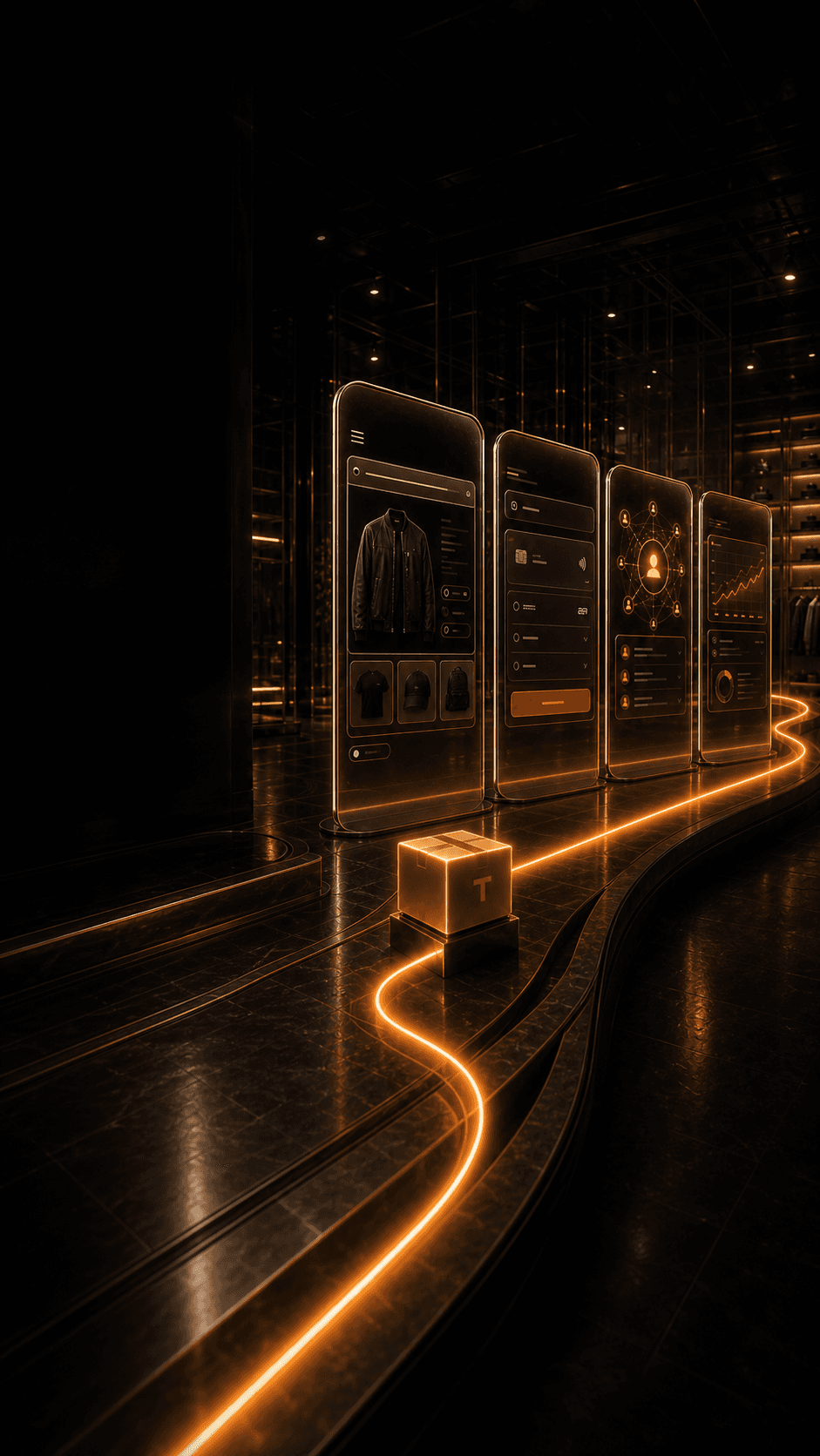 Four connected Temple commerce portals in a cinematic retail chamber