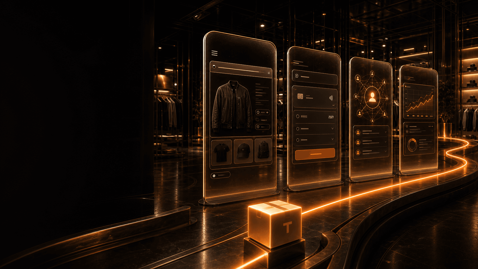 Four connected Temple commerce portals in a cinematic retail chamber